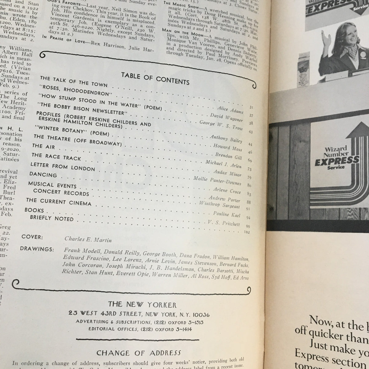 Table of Contents page from The New Yorker Magazine January 27 1975, highlighting articles and features, with a note about the cover art by Charles E. Martin.