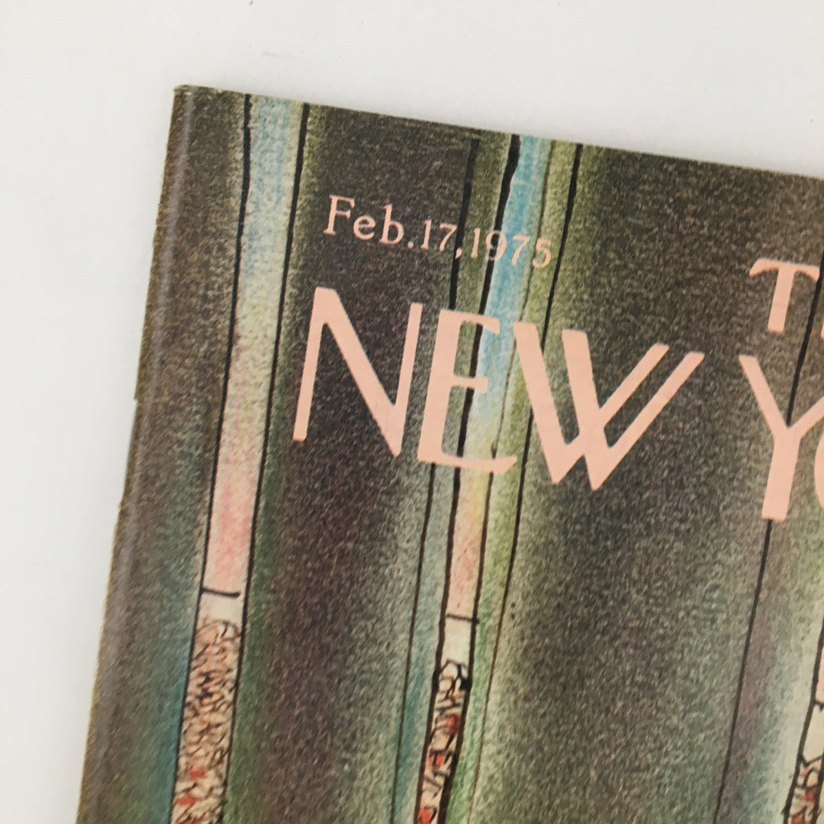 Close-up of The New Yorker Magazine February 17 1975 cover showing the date and title in elegant typography.