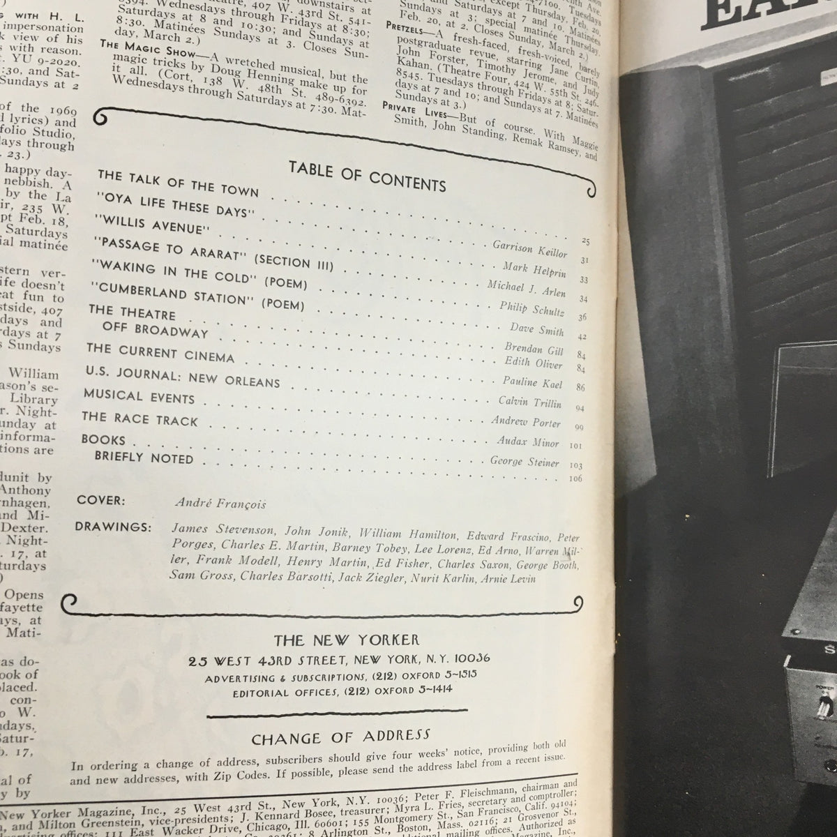 Table of contents from The New Yorker Magazine February 17, 1975 featuring cover art by Andre Francois, listing articles and contributors.