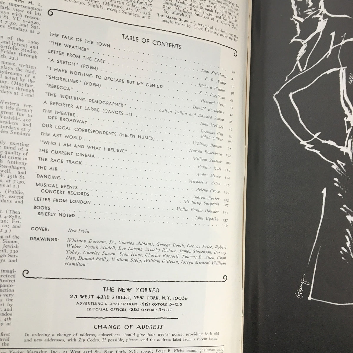 Table of Contents from The New Yorker Magazine February 24 1975, featuring the iconic Eustace Tilley by Rea Irvin, showcasing various articles and illustrations inside the publication.