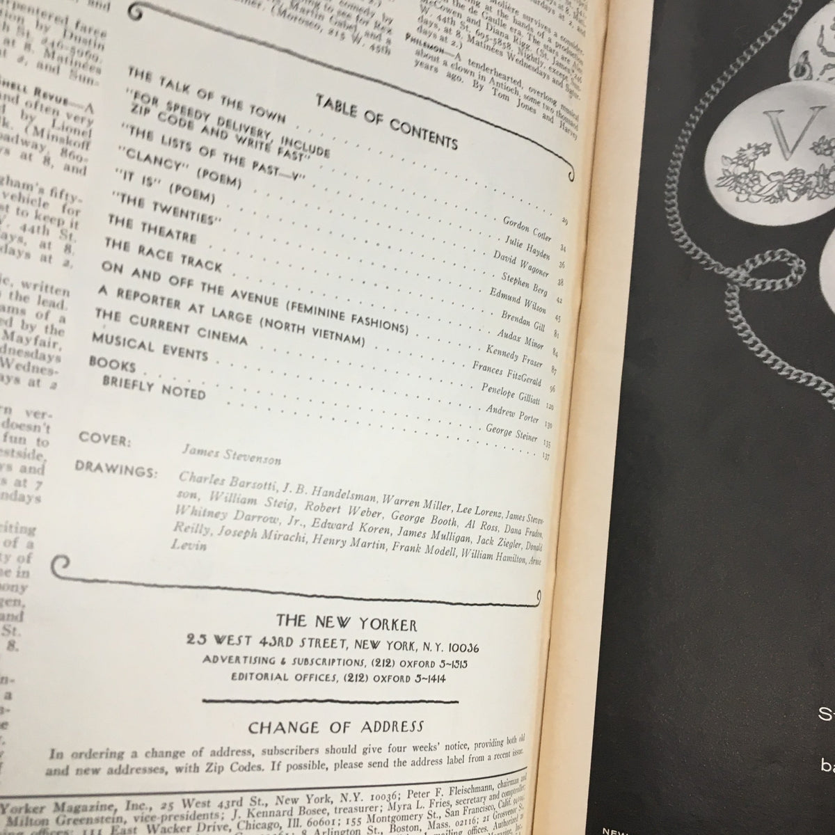 Inside page of The New Yorker Magazine April 28 1975 showing the table of contents and information about featured articles and the cover illustration 'Coffee Shop Morning' by James Stevenson.