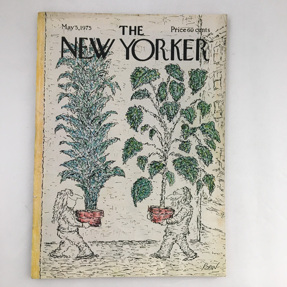 Cover of The New Yorker Magazine May 5 1975 featuring the artwork 'People Carrying Large Plants' by Edward Koren, showcasing whimsical illustrations of two characters carrying large potted plants.