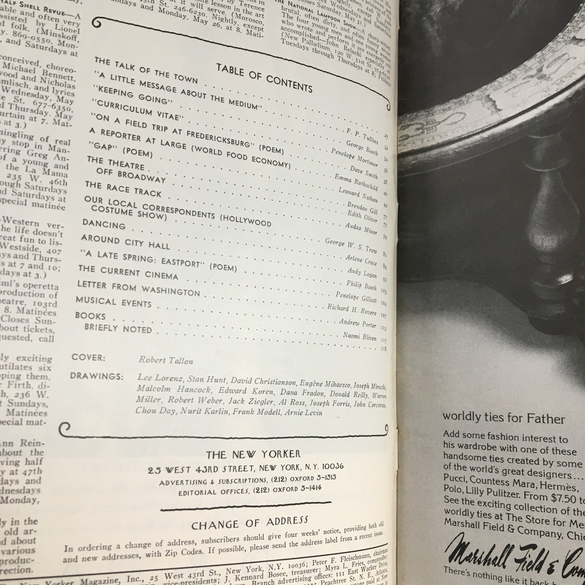 Table of contents page from The New Yorker Magazine May 26, 1975, showcasing articles and topics, with cover art credited to Robert Tallon.