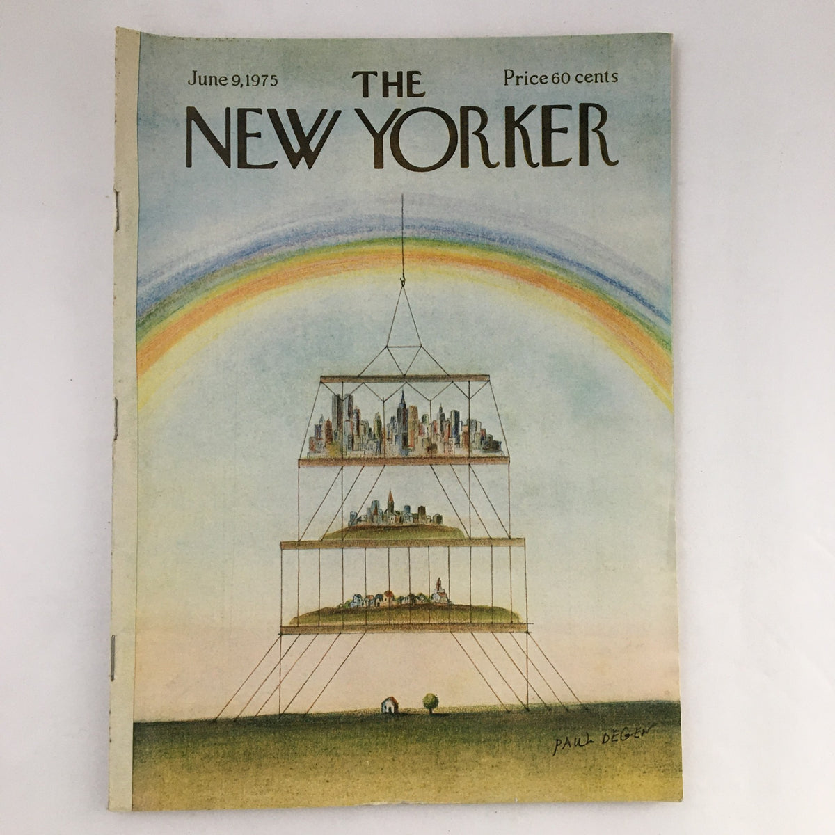 Cover of The New Yorker Magazine June 9, 1975, featuring an illustration by Paul Degen, depicting colorful cityscapes under a rainbow. Price: 60 cents.