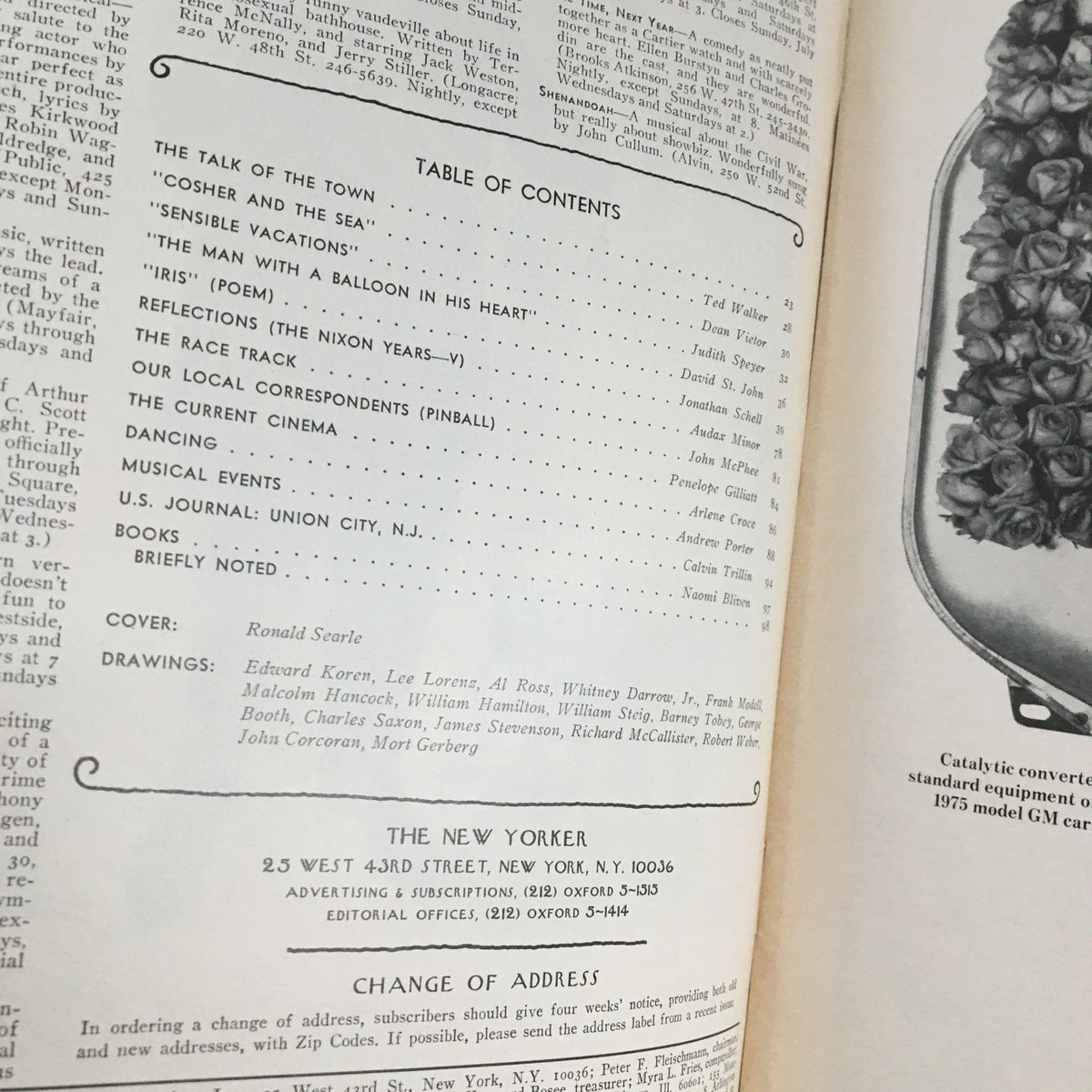 The New Yorker Magazine June 30 1975 Table of Contents page, highlighting articles and features from that issue, including contributions by Ronald Searle.