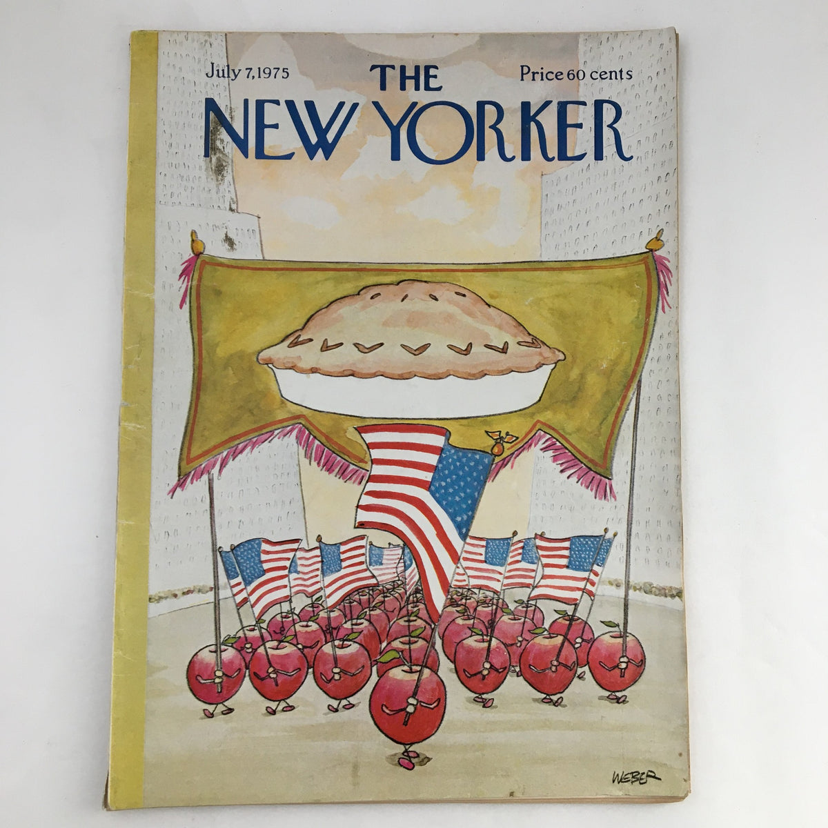 The New Yorker Magazine July 7 1975 The Apple Pie March featuring a whimsical illustration of marching apples with flags and a giant apple pie on the cover.