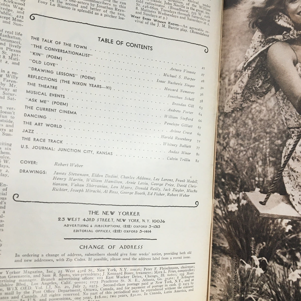 Inside page of The New Yorker Magazine from July 7, 1975, featuring the Table of Contents and notable contributions including poems and articles, showcasing the artistic value of that era with Robert Weber's cover illustration titled 'The Apple Pie March'.