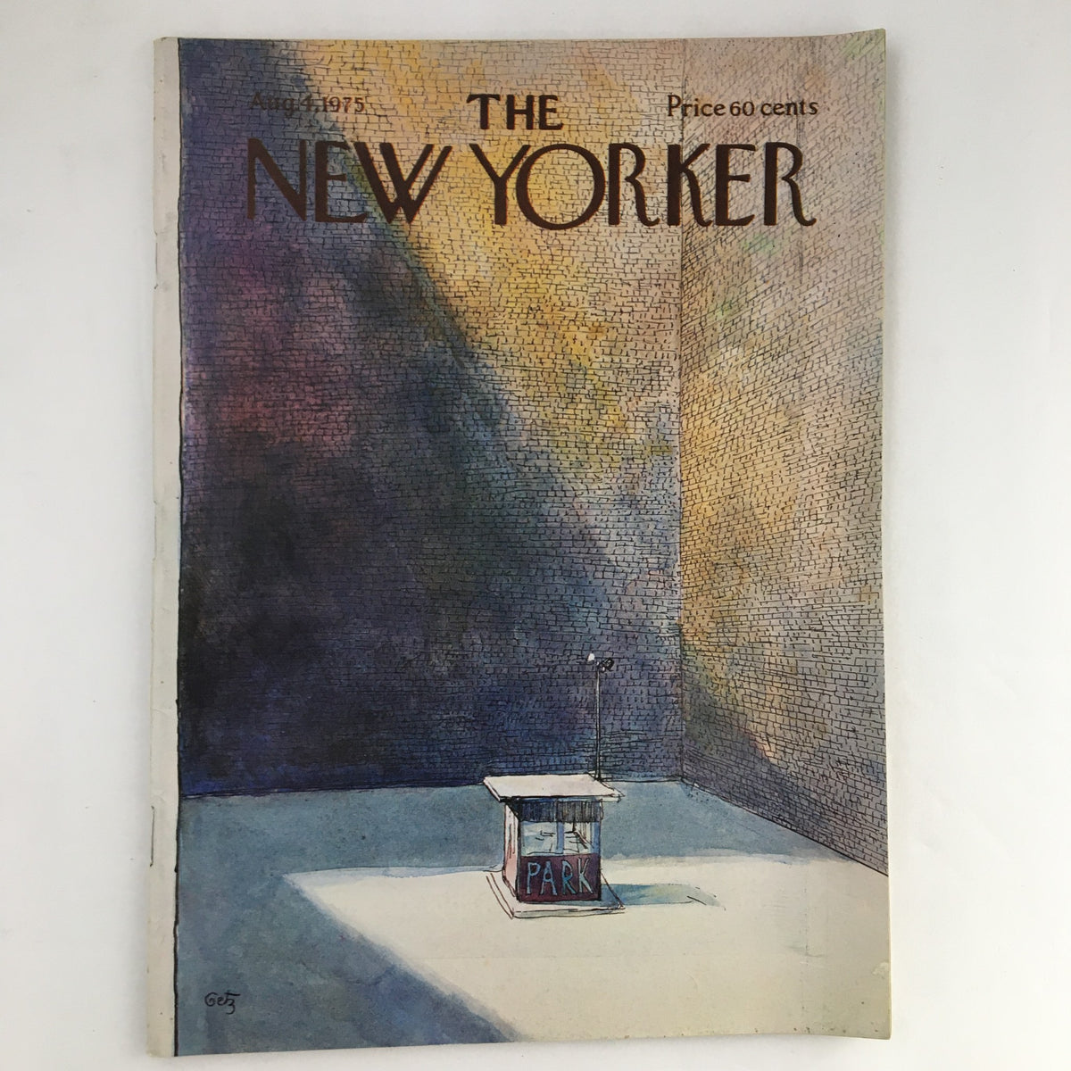 The New Yorker Magazine August 4, 1975, cover featuring 'The Parking Lot' by Arthur Getz, illustrating a minimalist parking booth surrounded by a textured wall in soft colors.