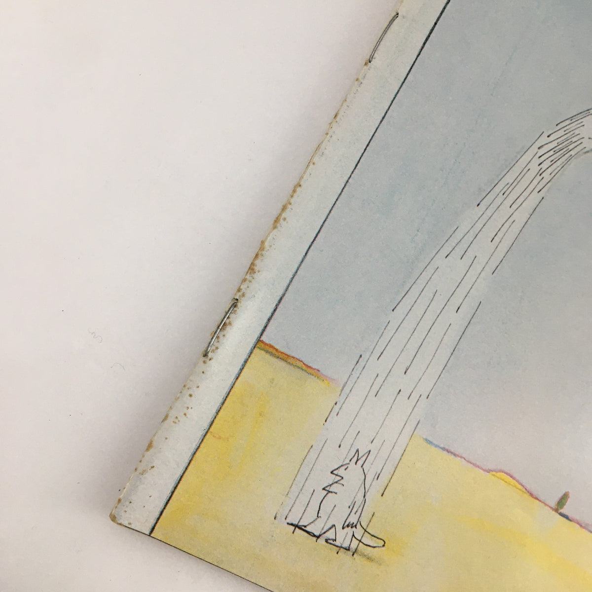 Close-up view of the New Yorker Magazine August 25 1975 cover by Saul Steinberg showcasing the detailed design of a pitcher pouring water, with a small dog in the foreground.