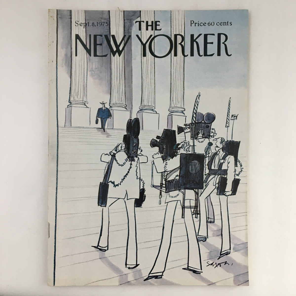 Cover of The New Yorker Magazine September 8, 1975, featuring illustration by Charles Saxon depicting media reporters with cameras, showcasing the journalism landscape of the 1970s.