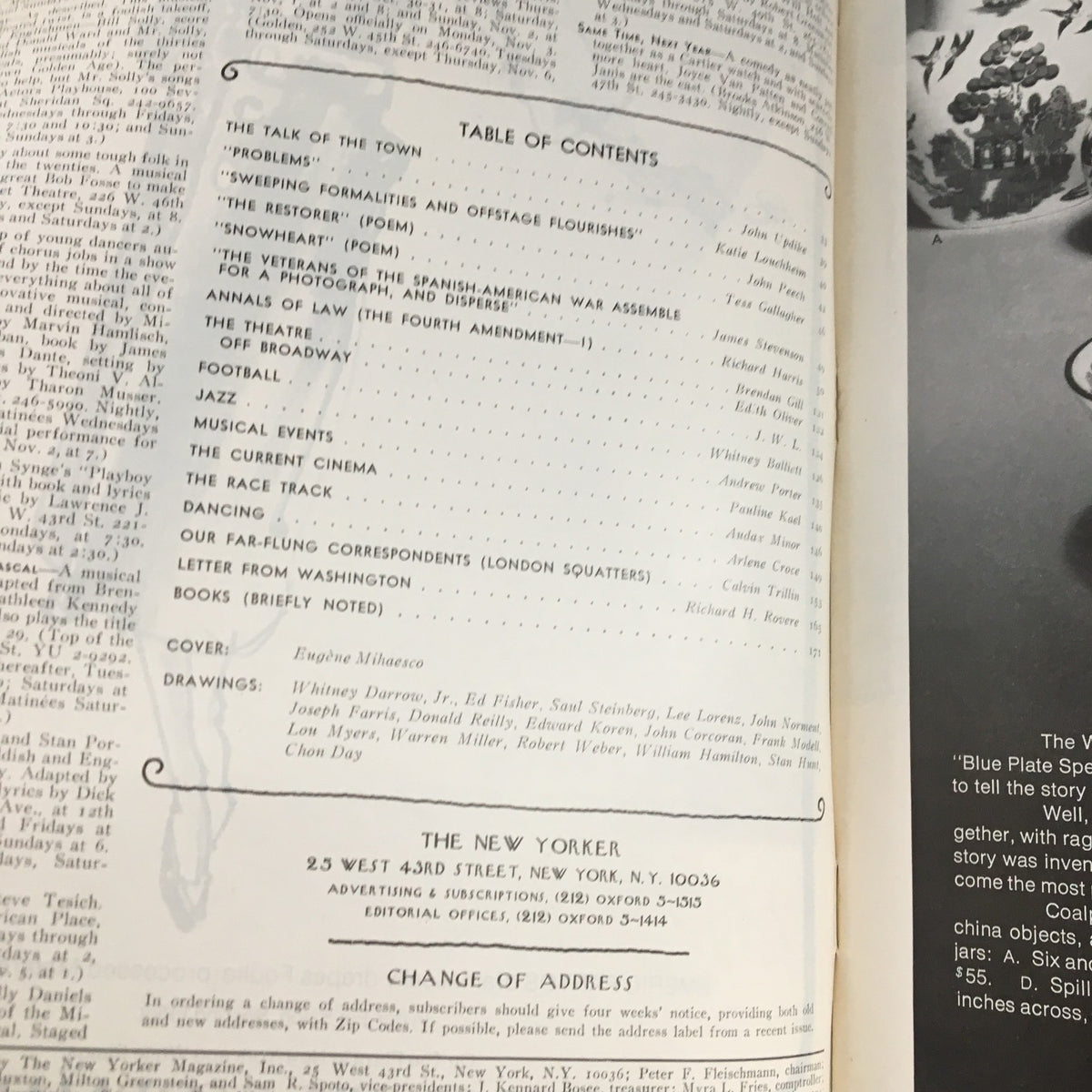 Table of Contents page from The New Yorker Magazine November 3, 1975, detailing articles and illustrations within the issue, including the cover artist Eugene Mihaesco.