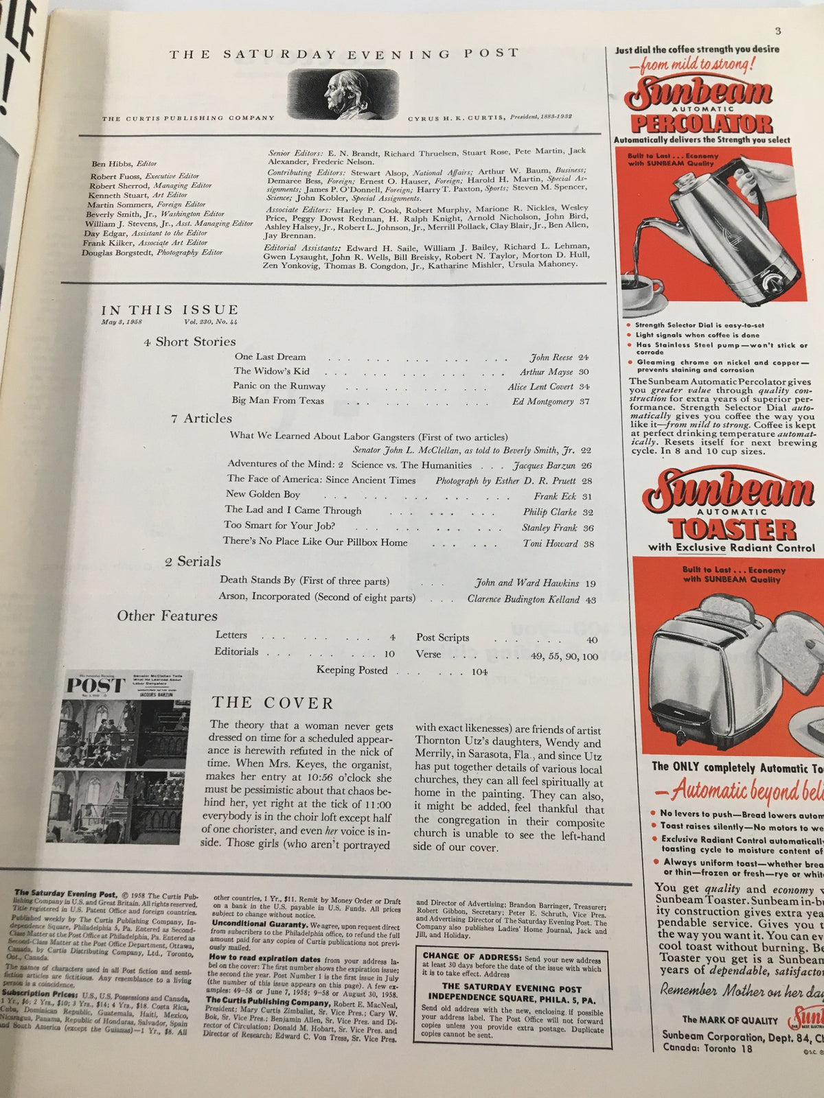 Interior page of The Saturday Evening Post May 3 1958, showcasing the table of contents and featuring articles including Adventures of the Mind by Jacques Barzun.
