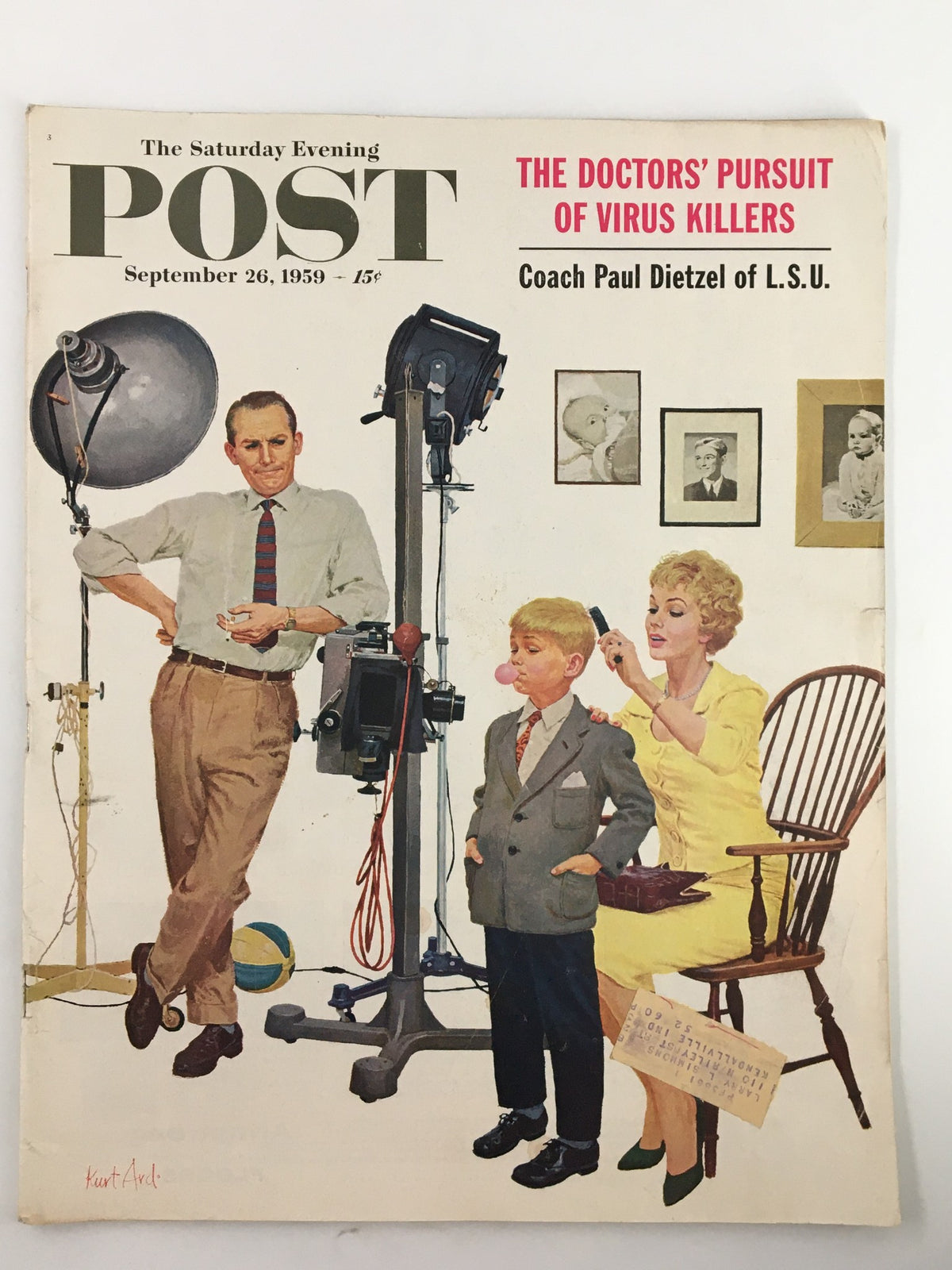 Cover of The Saturday Evening Post from September 26, 1959, featuring the title 'The Doctors' Pursuit of Virus Killers,' with artwork depicting a scene involving a photographer and a boy, highlighting mid-20th-century themes in healthcare.