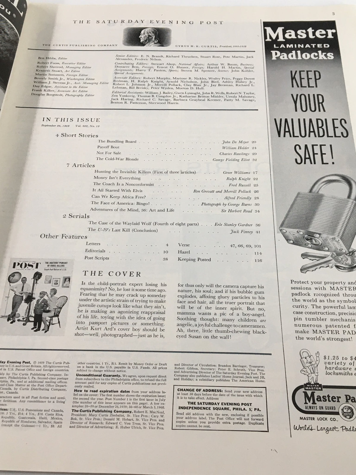 Inside page of The Saturday Evening Post, September 26, 1959, featuring the table of contents and editorial details of the magazine.