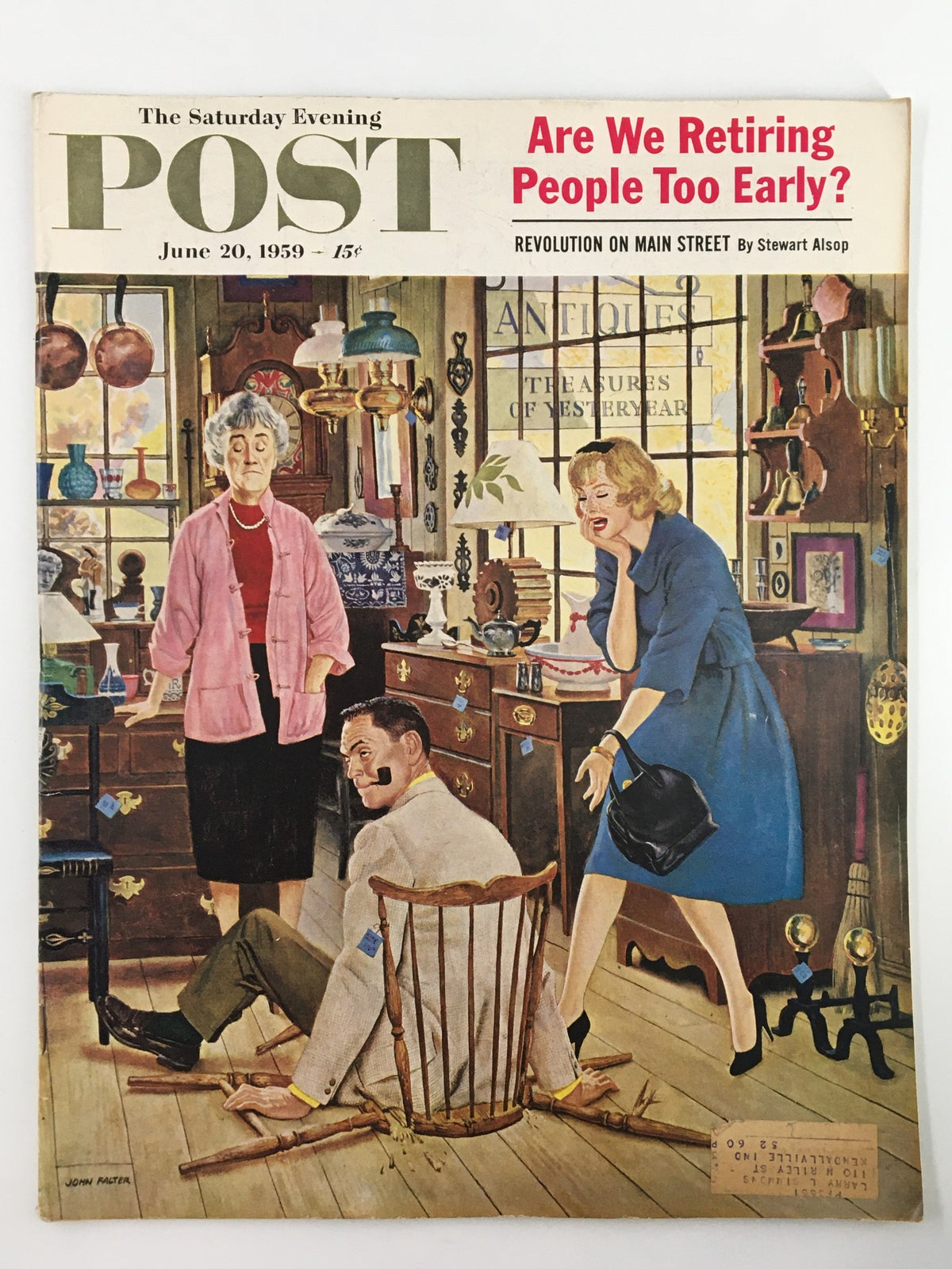 Cover of The Saturday Evening Post June 20, 1959 edition featuring the question 'Are We Retiring People Too Early?' with artwork depicting three people in an antique shop.