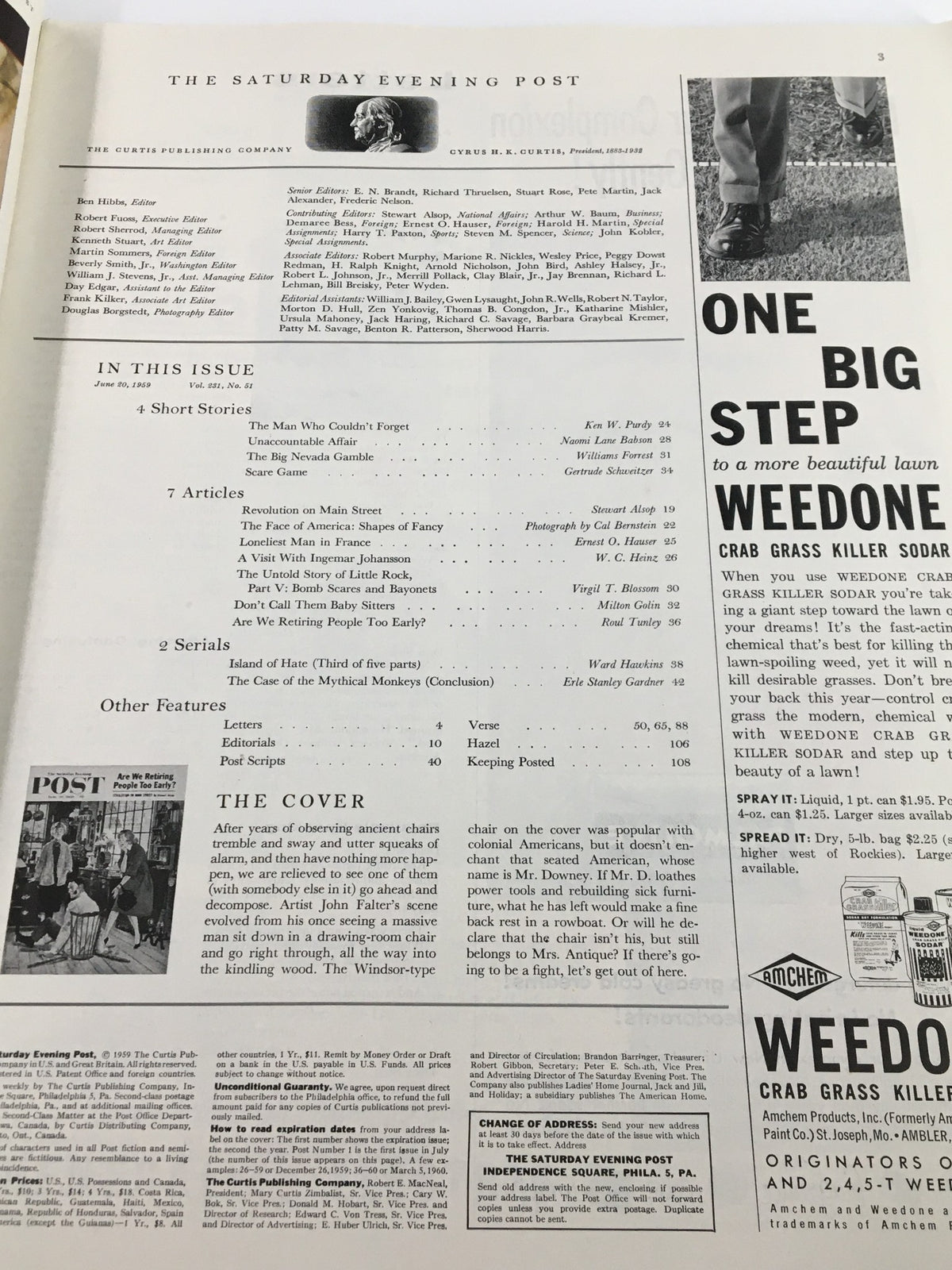 Interior page from The Saturday Evening Post June 20, 1959 showing the contents list and article titles, including 'Are We Retiring People Too Early?' and various short stories.