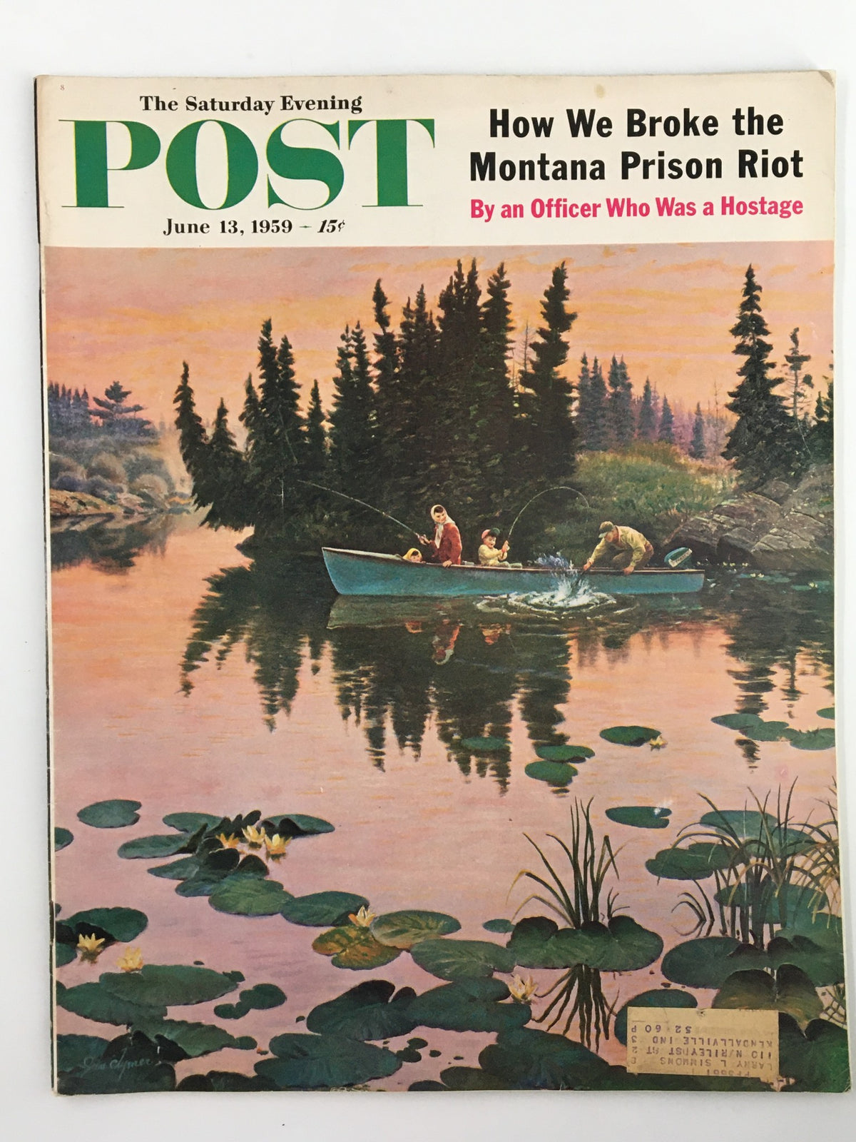 The Saturday Evening Post June 13 1959 cover featuring an illustration of a peaceful lakeside scene with a fishing boat, flora, and vibrant colors, illustrating the article 'How We Broke the Montana Prison Riot.'