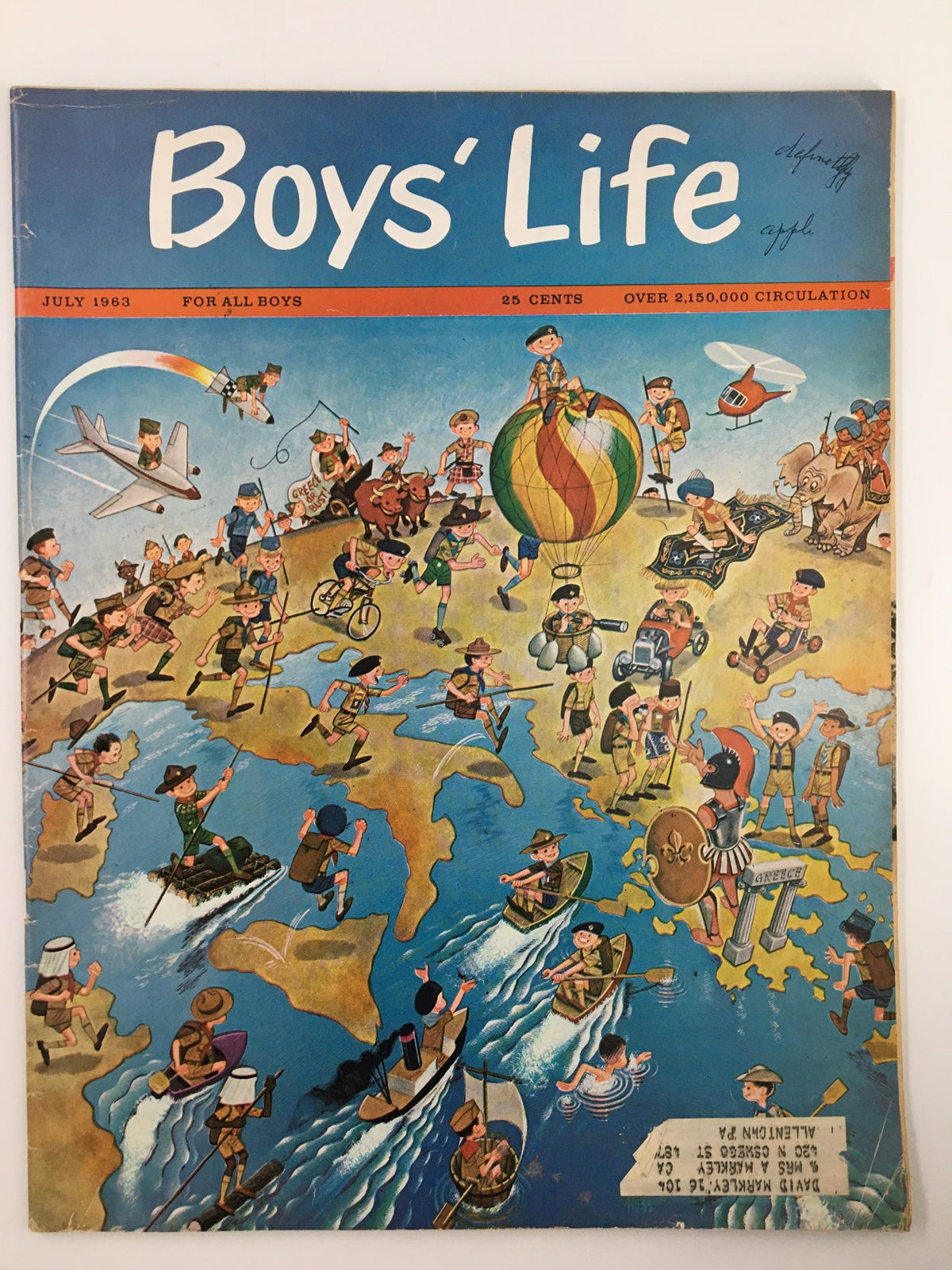 Cover of Boys' Life Magazine, July 1963, featuring vibrant illustrations of boys in various outdoor activities and the historic 11th World Jamboree in Athens, Greece.
