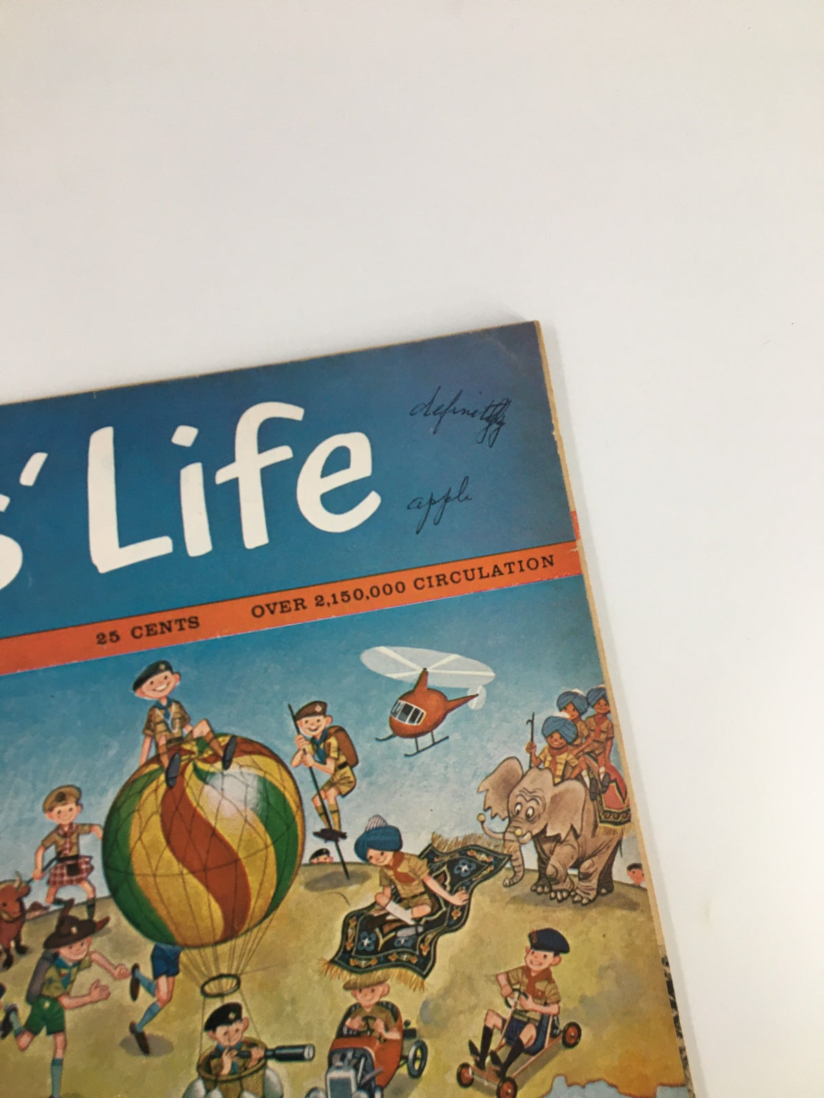 Close-up of Boys' Life Magazine cover from July 1963, highlighting details of the illustrations including a boy on a hot air balloon and a helicopter.