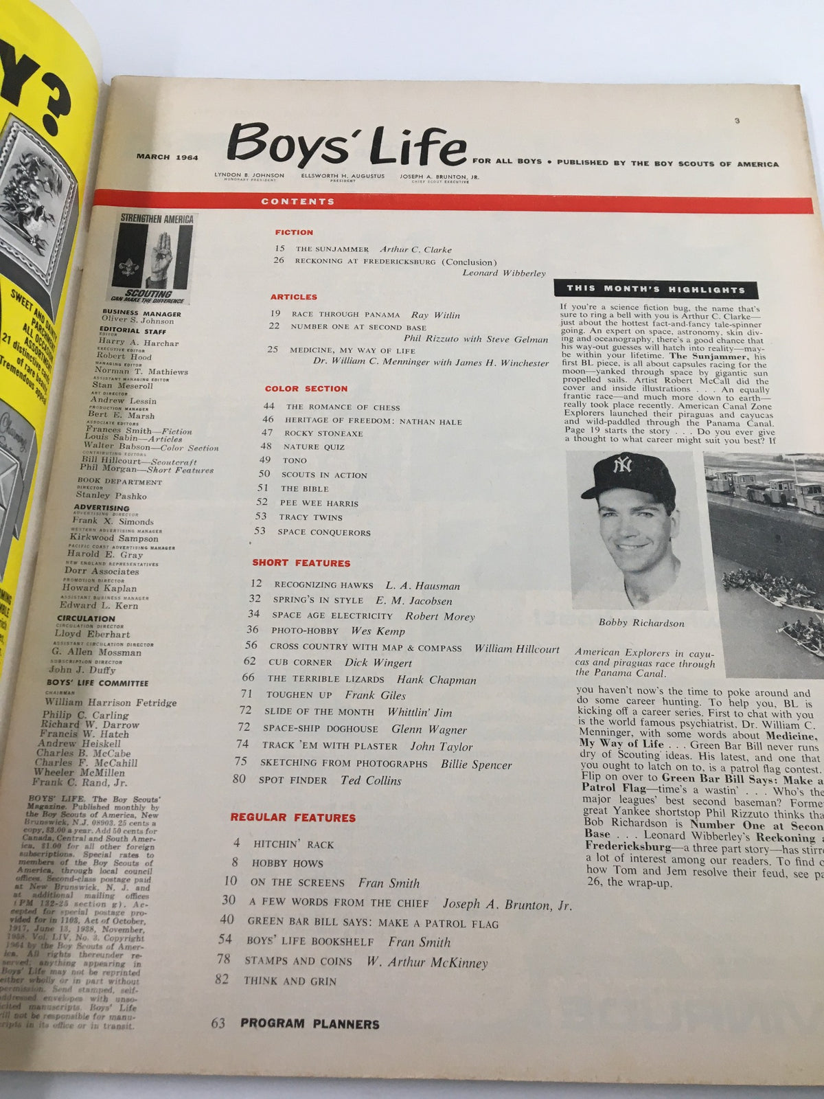Interior page of VTG Boys' Life Magazine March 1964, displaying the table of contents and highlighted features, including 'The Sunjammer' story.