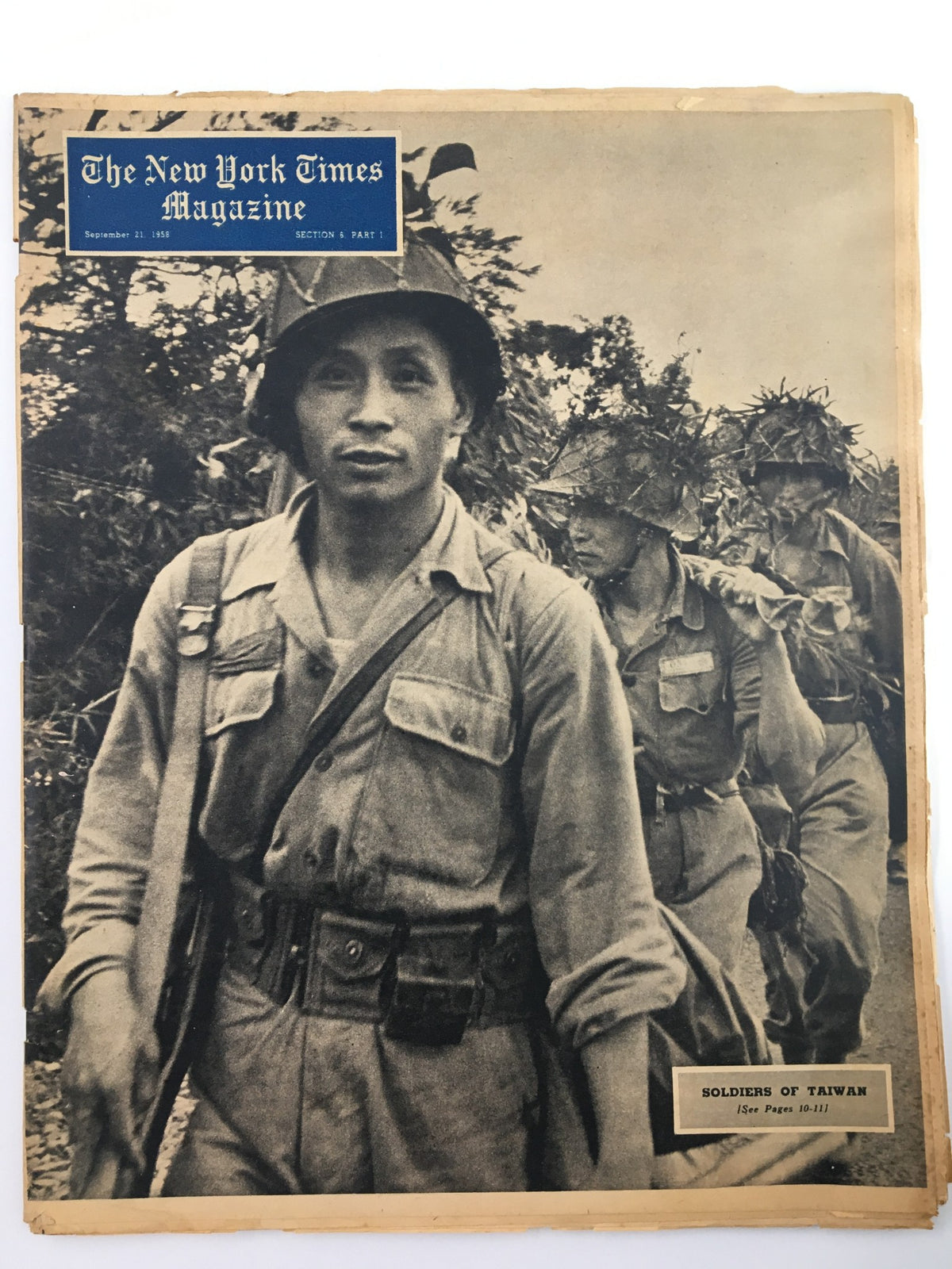 Cover of VTG The New York Times Magazine September 21 1958 featuring soldiers of Taiwan, showcasing historical military imagery and cultural representation.