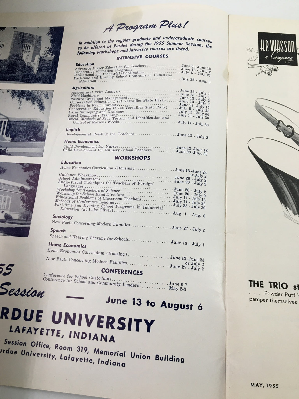 Inside page of the VTG Indiana Teacher Magazine May 1955 featuring educational programs offered during the summer session at Purdue University, detailing courses in education, agriculture, and workshops.