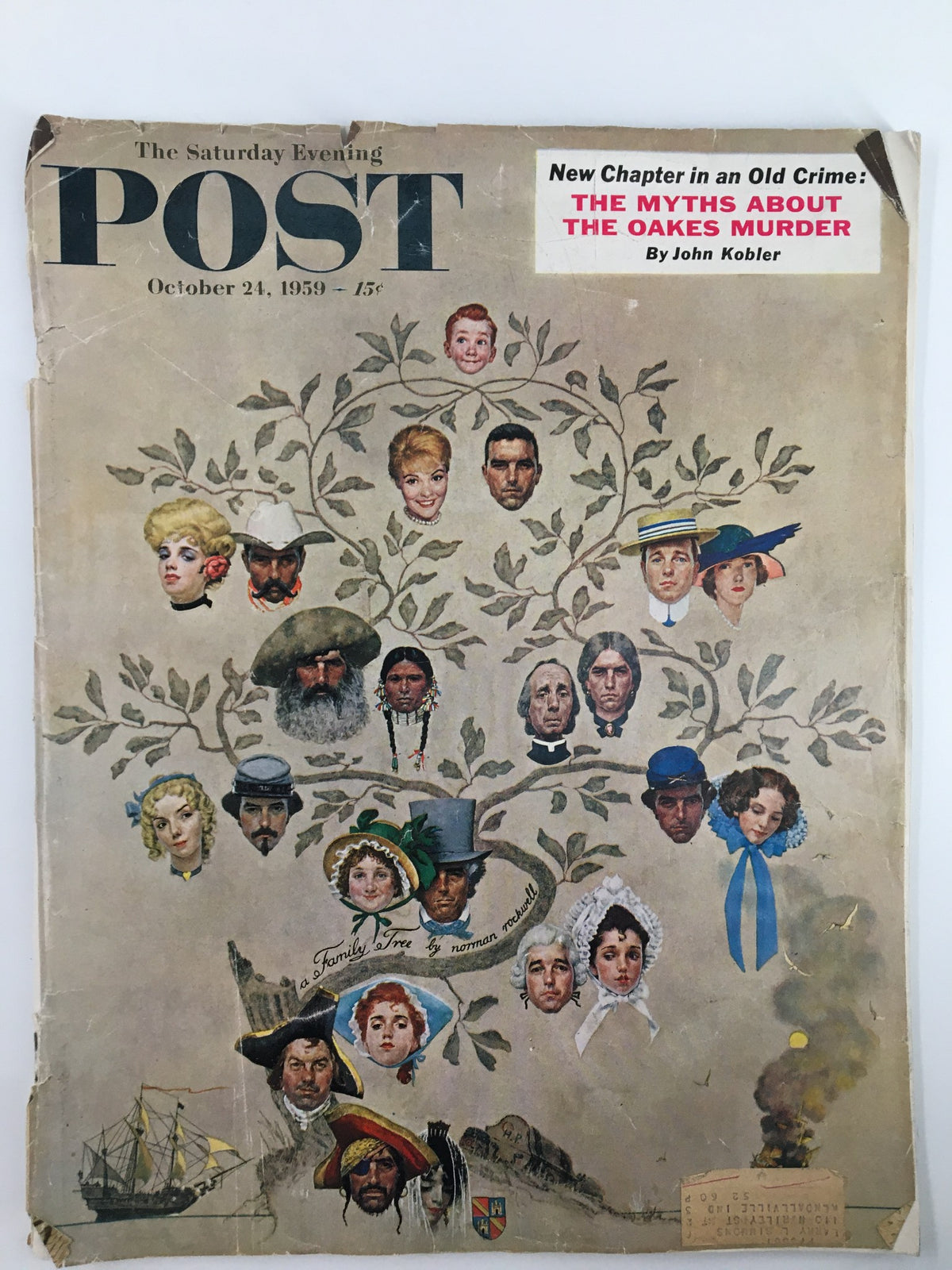 Cover of The Saturday Evening Post from October 24, 1959, featuring the article 'The Myths About The Oakes Murder' with an illustrated family tree and vintage imagery.