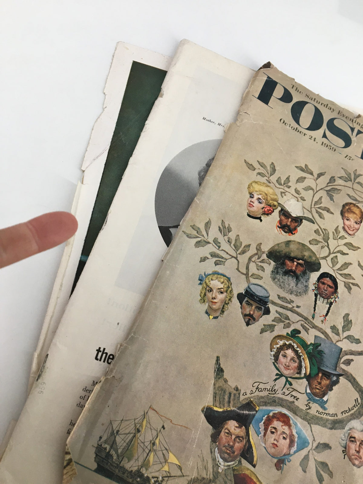 Stacked view of The Saturday Evening Post from October 24, 1959, highlighting the cover and exposed pages, showcasing its vintage appearance.