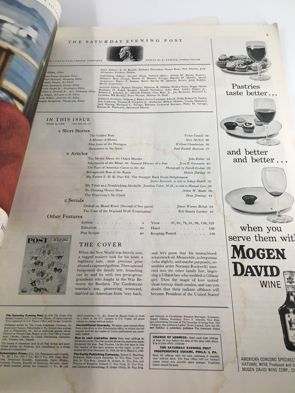 Interior page of The Saturday Evening Post from October 24, 1959, displaying the table of contents and information about the articles within the issue.