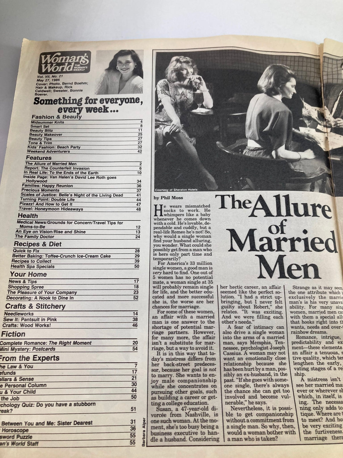 Table of contents page from Woman's World Magazine May 27 1986, listing features on fashion, health, recipes, and more.