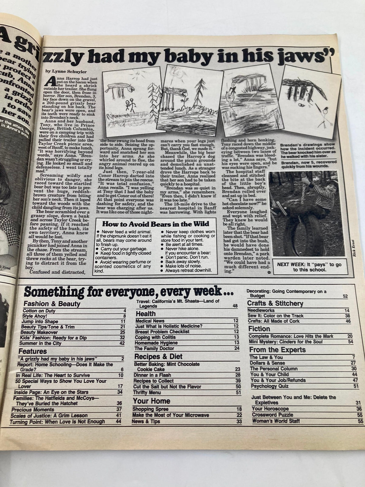 Inside page of Woman's World Magazine, August 21, 1984, displaying an article titled 'A grizzly had my baby in his jaws' with illustrations and a layout of the magazine's contents.