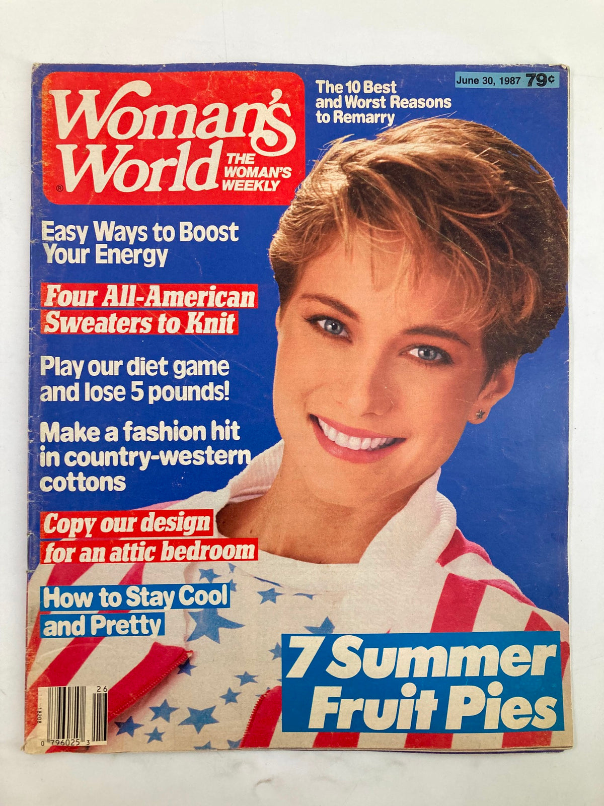 Cover of Woman's World Magazine from June 30, 1987 featuring the title 'Woman's World Magazine June 30 1987 All-American Sweaters To Knit No Label' with a smiling model wearing a star-patterned sweater, highlighting articles on energy-boosting tips and summer recipes.