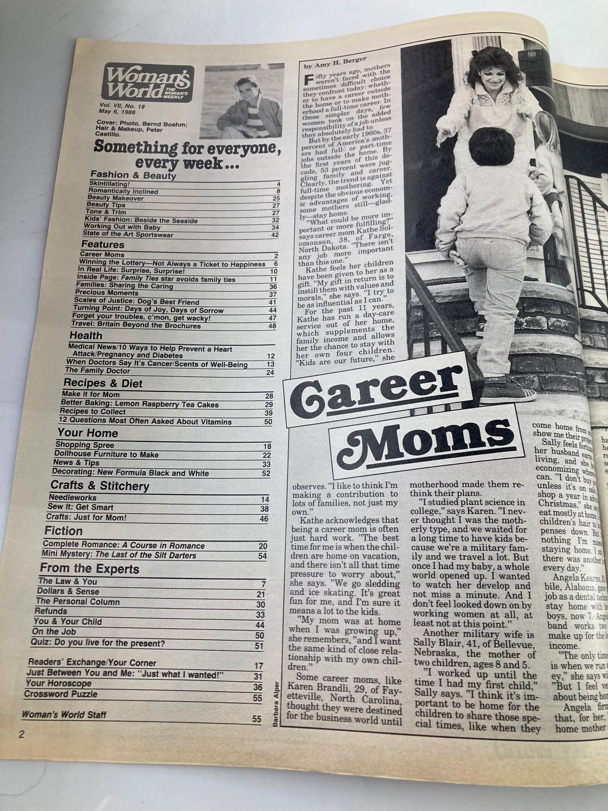 Interior page from Woman's World Magazine May 6, 1986 featuring the table of contents and an article titled 'Career Moms'. The page discusses themes related to motherhood, career balance, and family life.