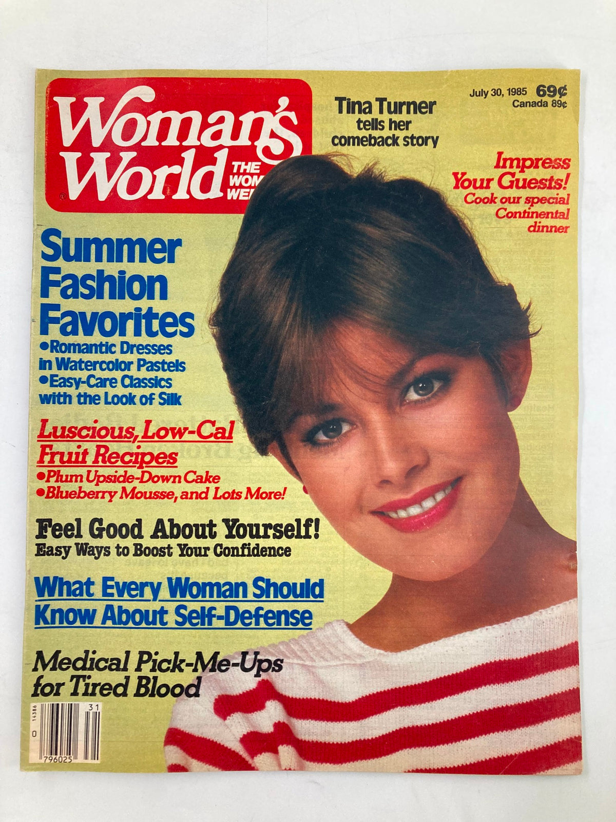 Cover of Woman's World Magazine July 30 1985 featuring a model and headlines about summer fashion, Tina Turner's comeback story, and various articles on health and self-improvement.