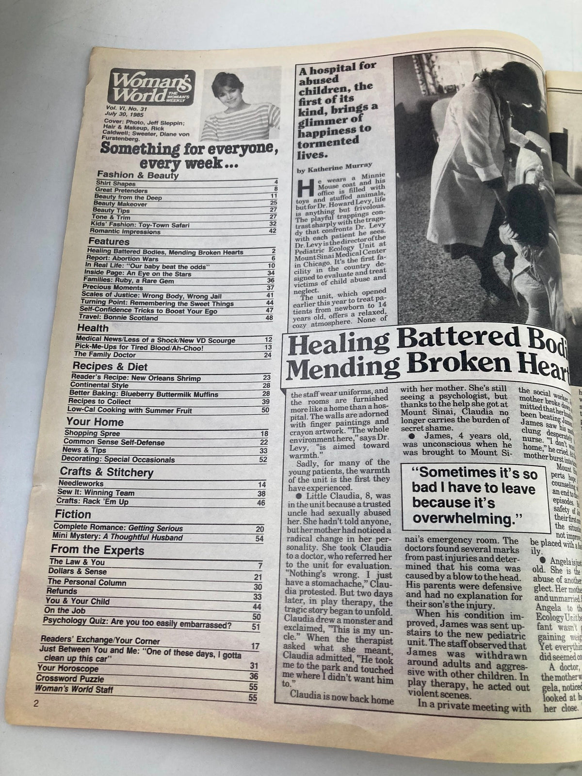 Table of contents from Woman's World Magazine July 30 1985, showcasing featured articles such as healing battered bodies and recipes, along with sections on crafts and health.