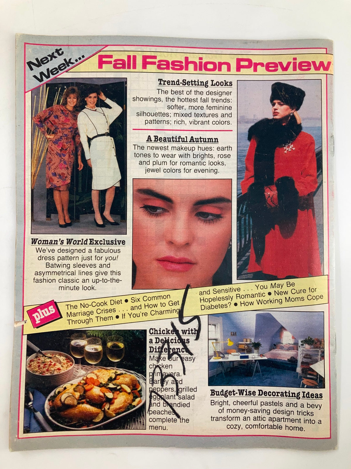 Next week preview from Woman's World Magazine July 30 1985 highlighting fall fashion trends, cooking articles, and home decorating ideas with vibrant imagery.
