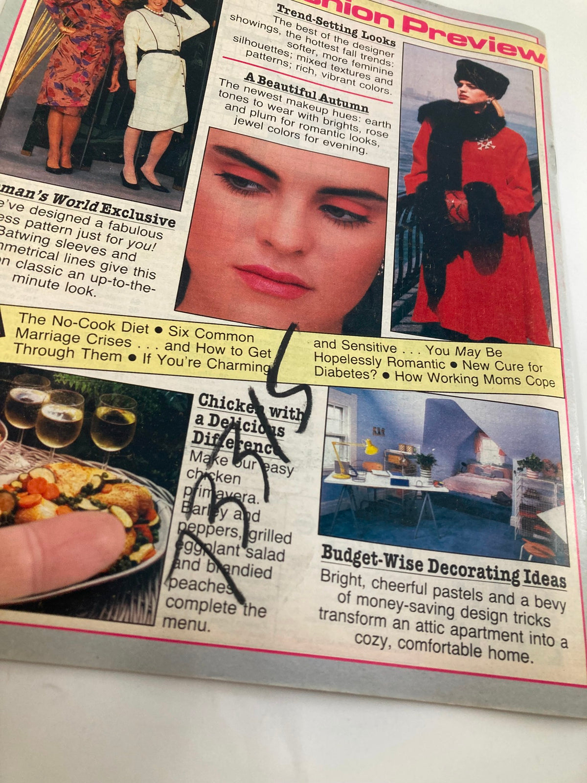 Detailed close-up of the next week preview from Woman's World Magazine July 30 1985, emphasizing fashion and seasonal recipes, along with home decor tips.