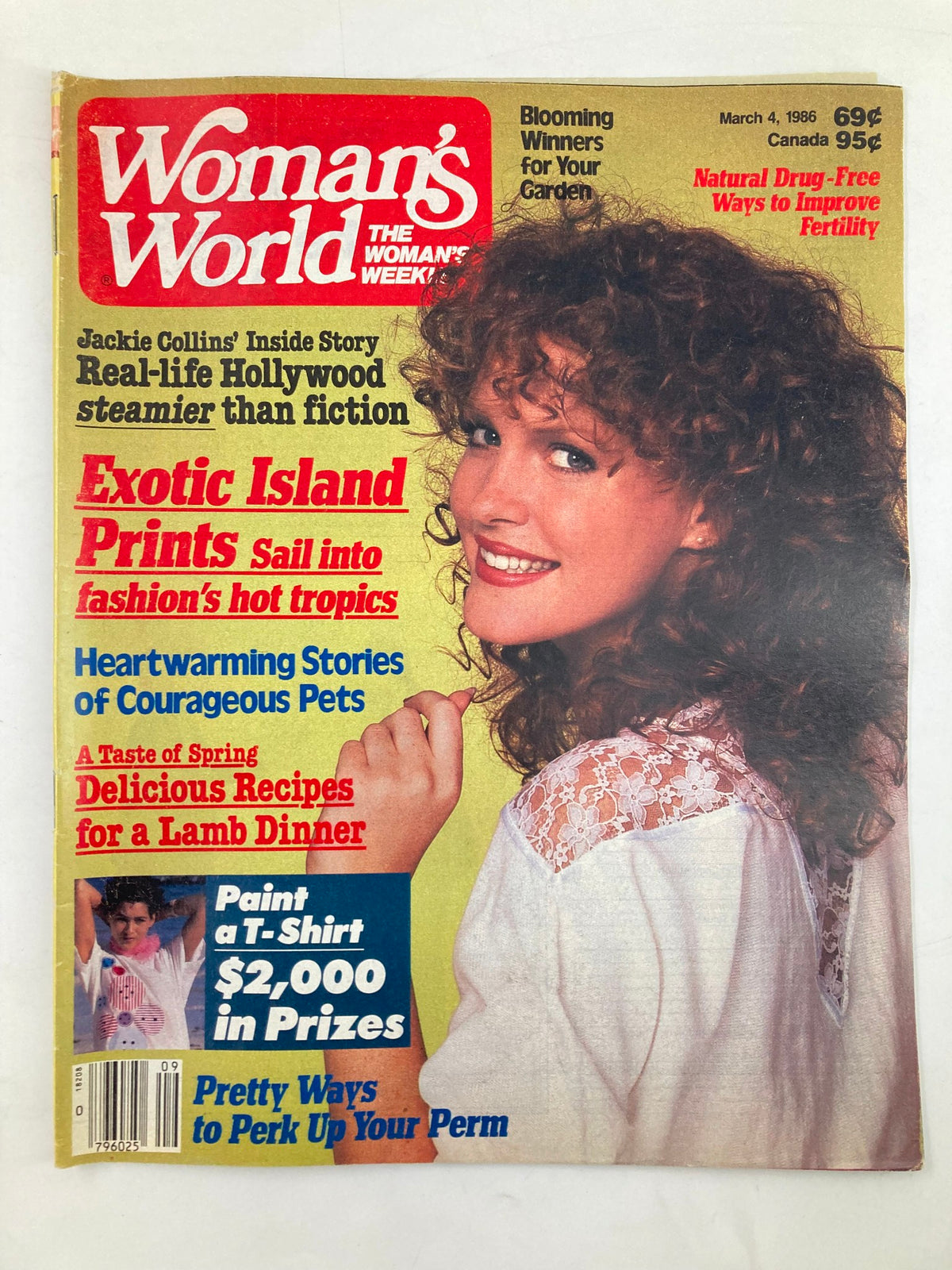 Woman's World Magazine March 4 1986 cover featuring a woman with curly hair, showcasing articles on Exotic Island Prints and heartwarming stories of pets.