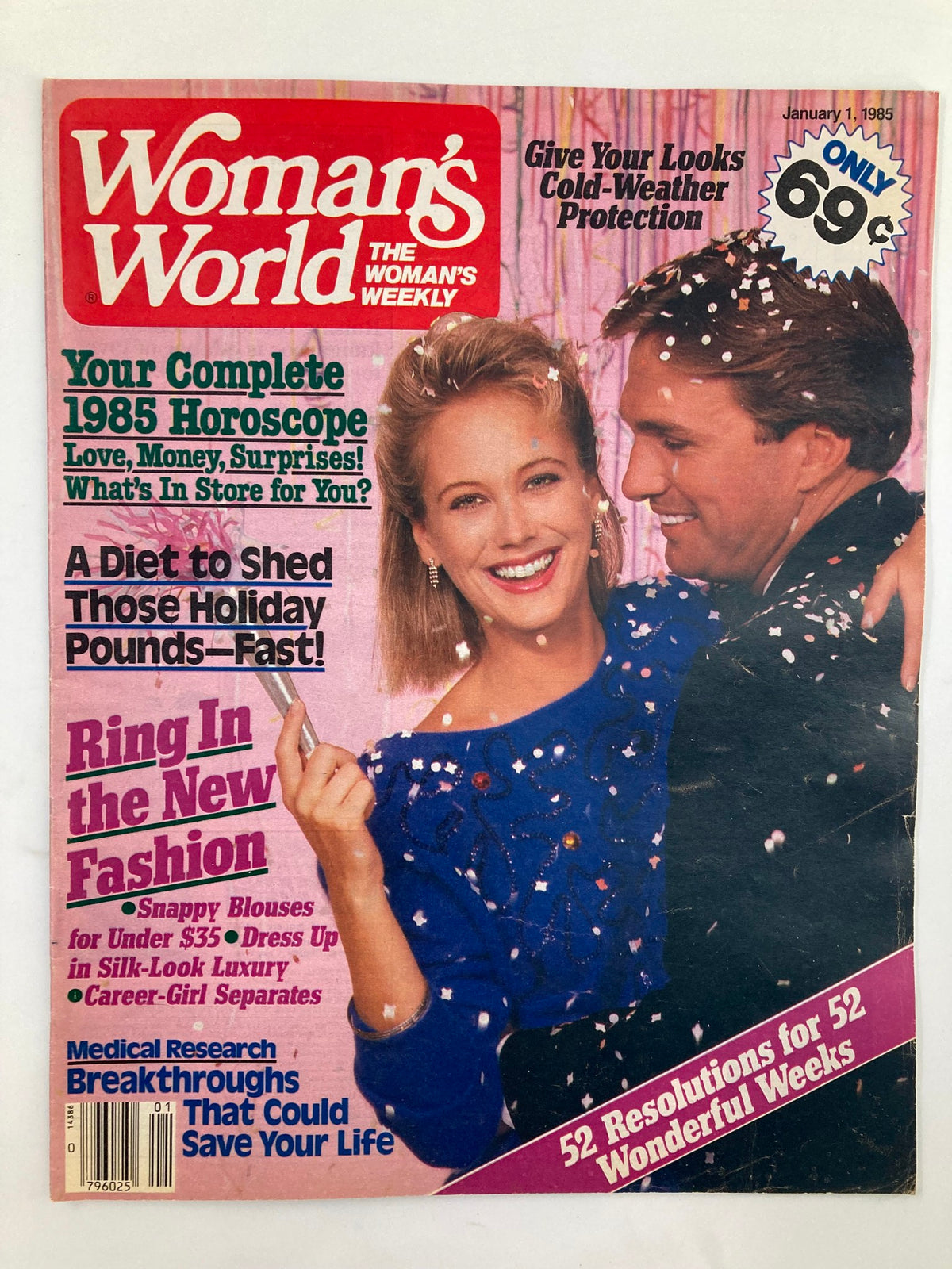 Woman's World Magazine January 1 1985 cover featuring fashion highlights, including articles on beauty and lifestyle topics, celebrating the essence of 1980s trends.