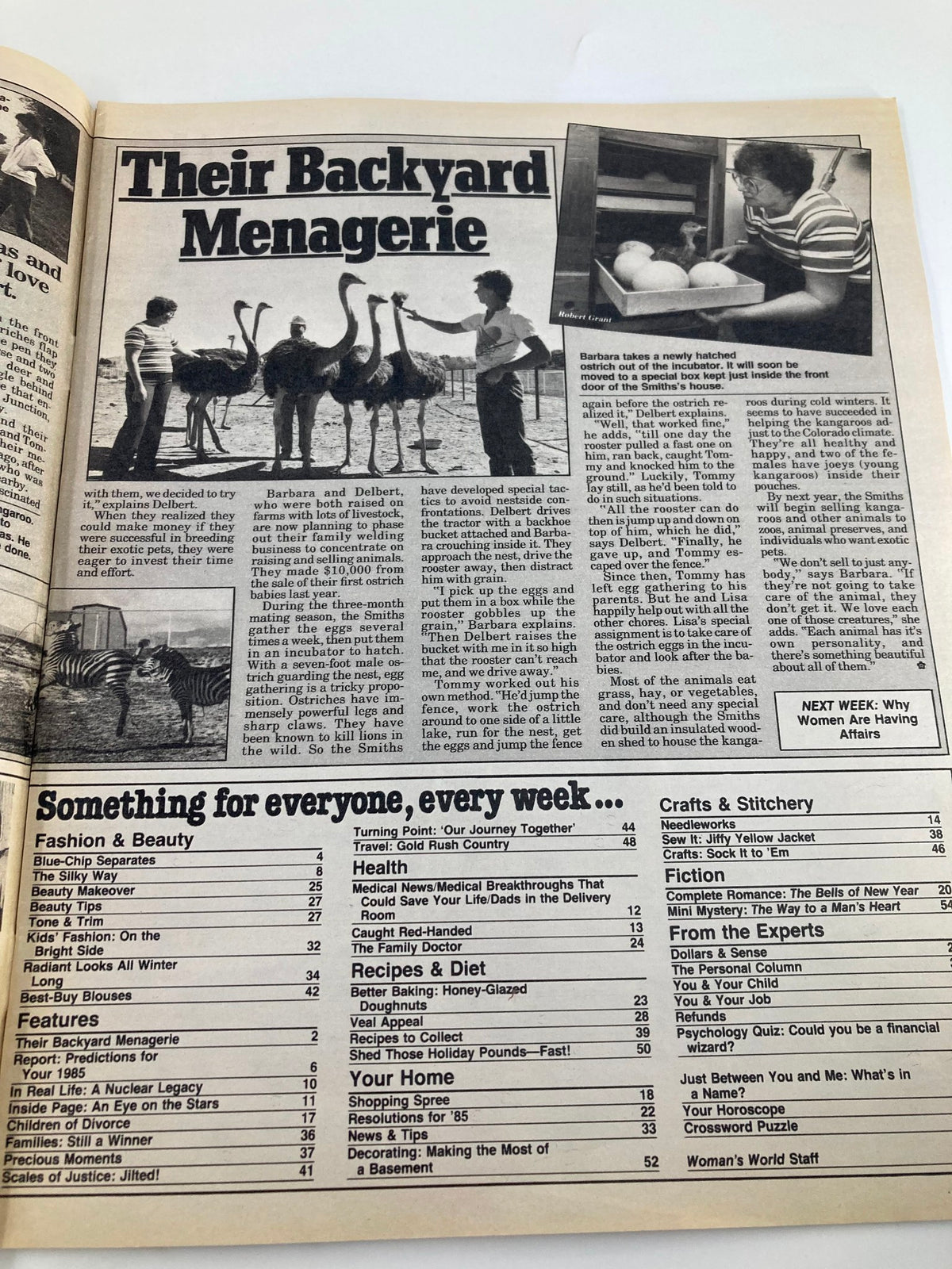 Page from Woman's World Magazine January 1 1985 displaying an article titled 'Their Backyard Menagerie,' illustrating featured content on lifestyle and recreation.