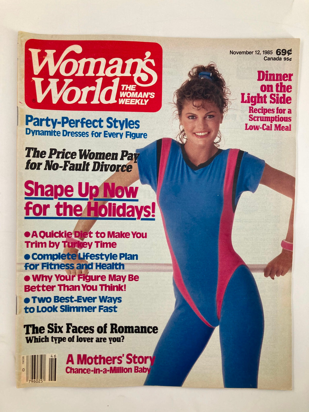 Cover of Woman's World Magazine from November 12, 1985, featuring the title 'Dinner on the Light Side' along with articles about party-perfect styles, fitness, and relationships.