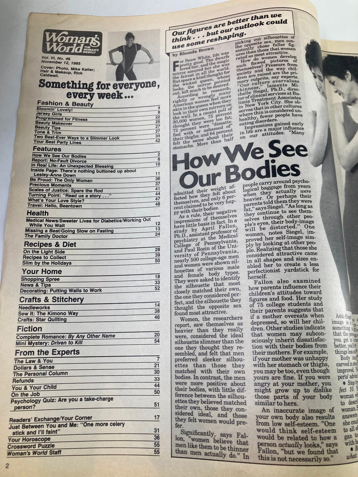 Interior page of Woman's World Magazine, November 12, 1985, displaying the table of contents with various sections on health, recipes, crafts, and body image.