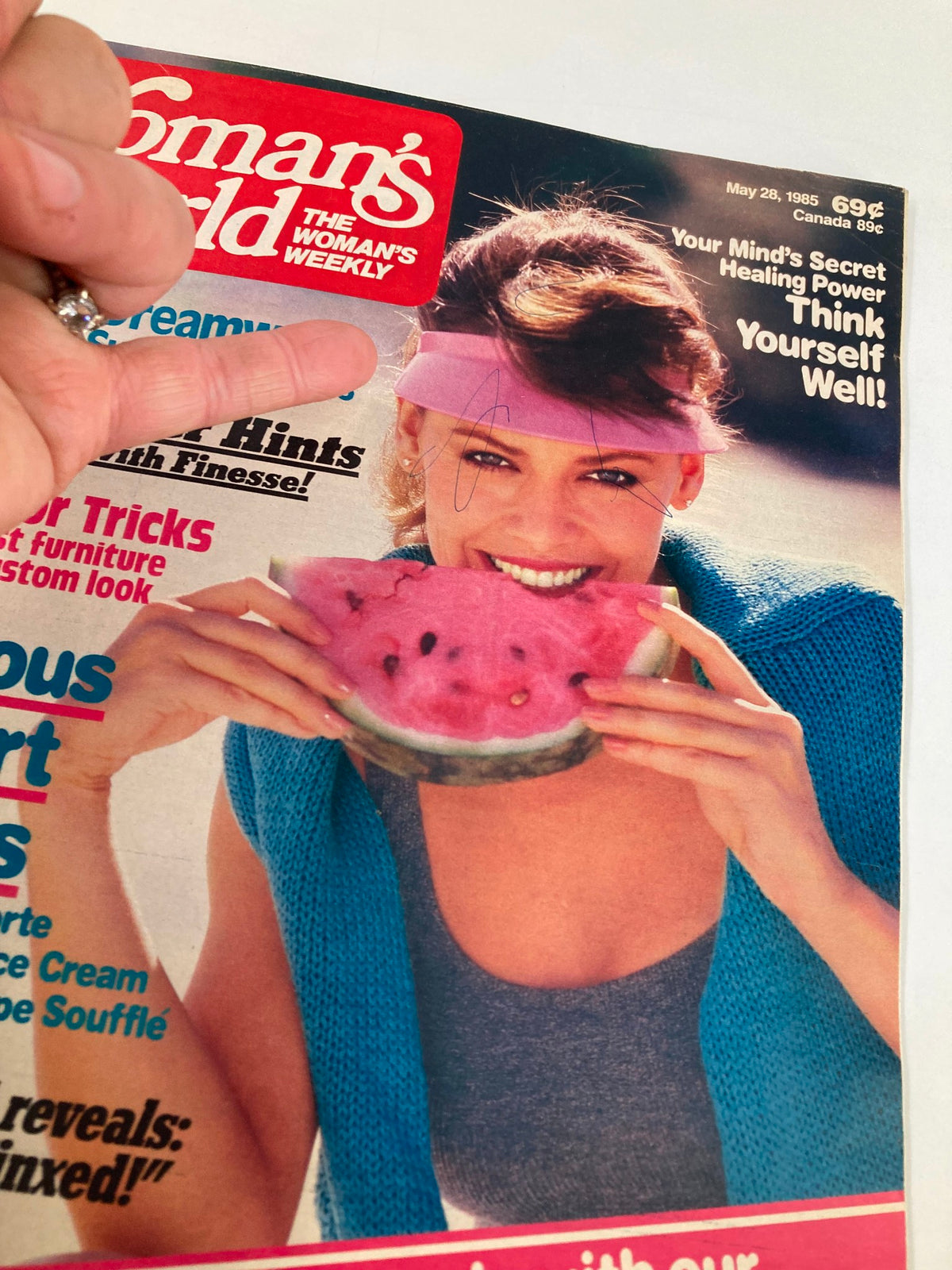 Close-up of the cover of Woman's World Magazine, May 28, 1985, showcasing a woman with watermelon and the headline 'Your Mind's Secret Healing Power'.