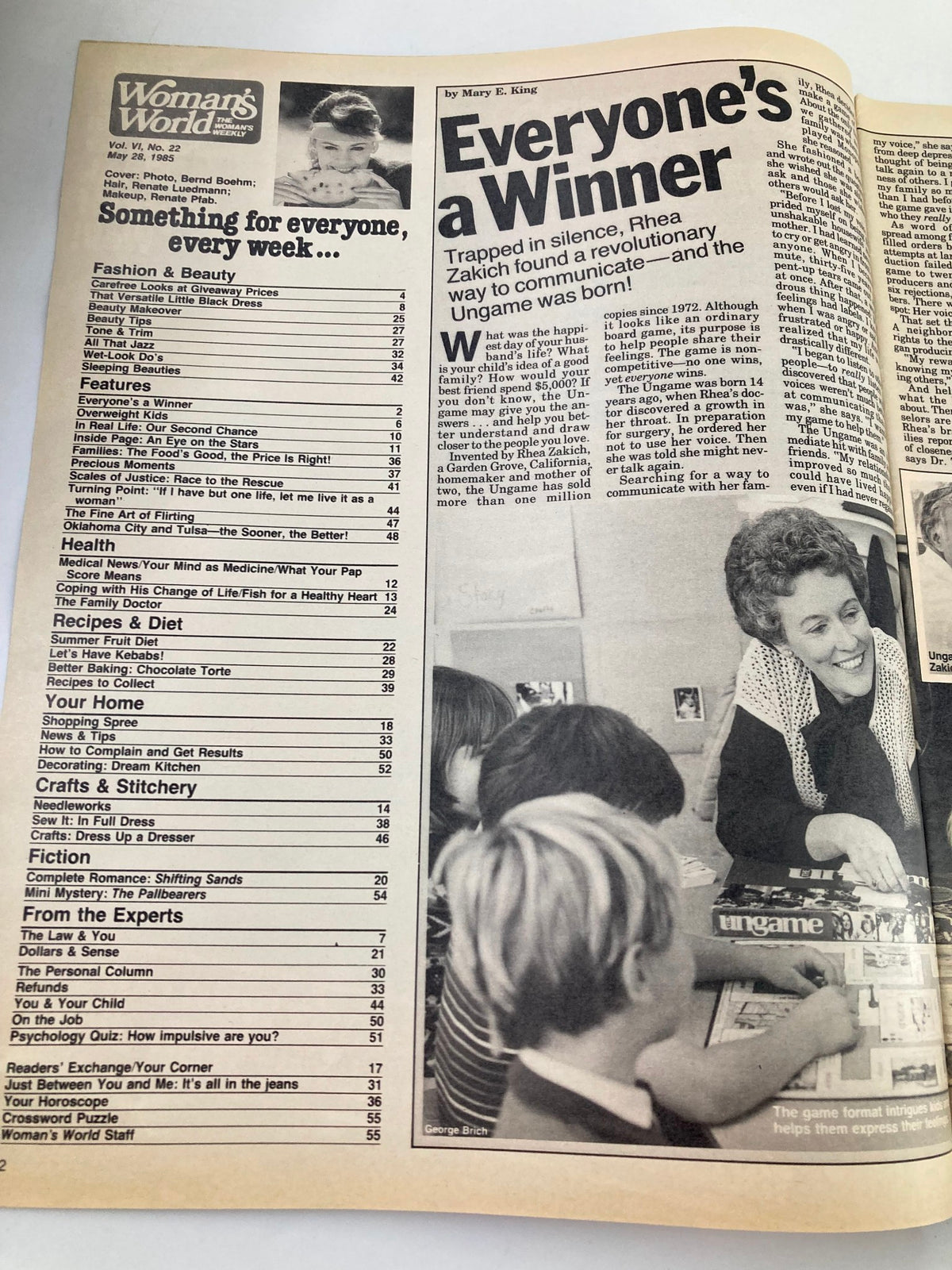 Interior page of Woman's World Magazine, May 28, 1985, presenting articles on various topics including health and beauty tips.