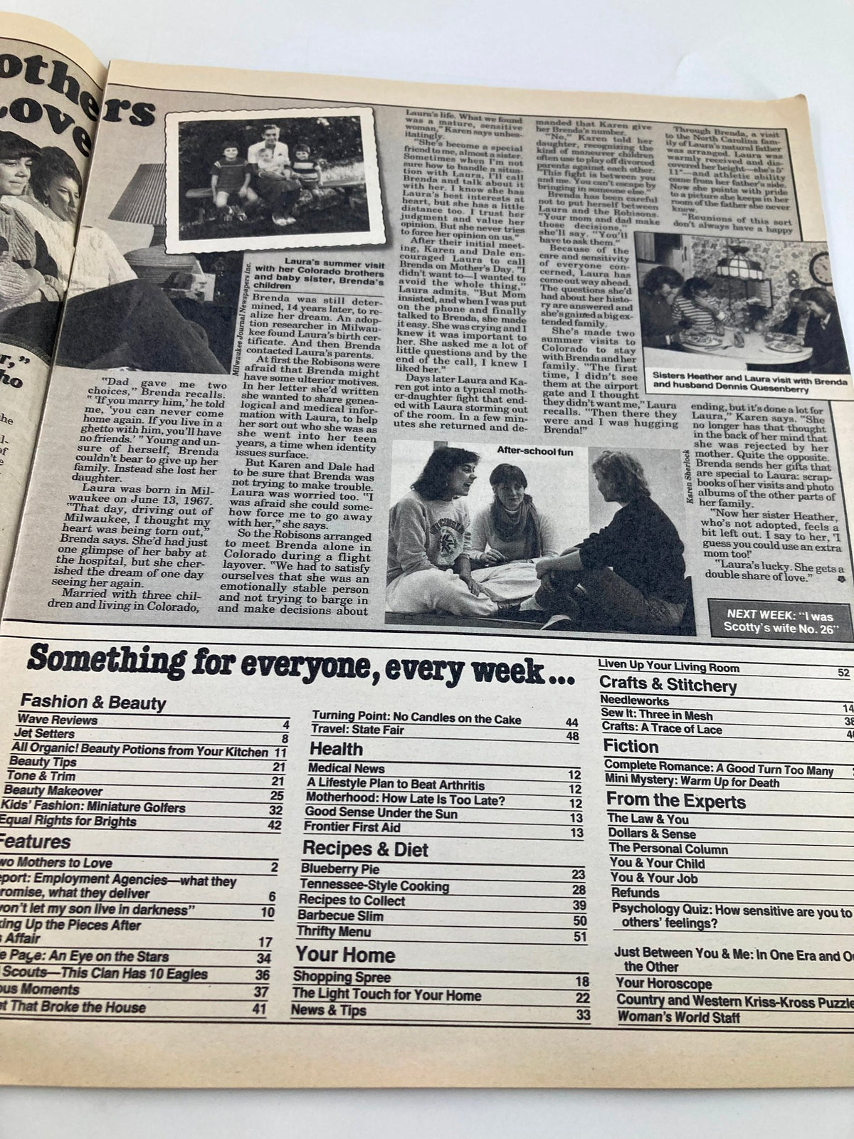 Interior page of Woman's World Magazine May 29, 1984, featuring an article and photograph of Laura with her Colorado brothers and family members. The layout includes various sections on health, beauty, and lifestyle tips, alongside engaging images and headlines promoting a plan to beat arthritis.