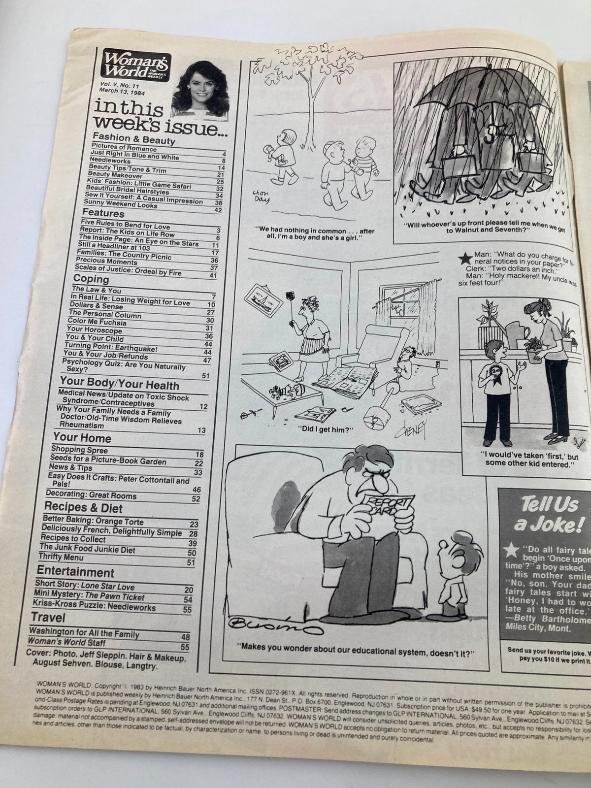 Interior page of Woman's World Magazine March 13, 1984 showcasing the table of contents and articles, including fashion tips and humor, with cartoon illustrations.