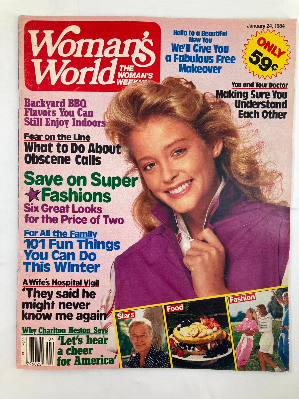 Cover of Woman's World Magazine January 24 1984 featuring a young woman smiling, showcasing articles about health, fashion, and family. Cover highlights include 'Is Chivalry Out of Date?' and 'Only 59 cents.'