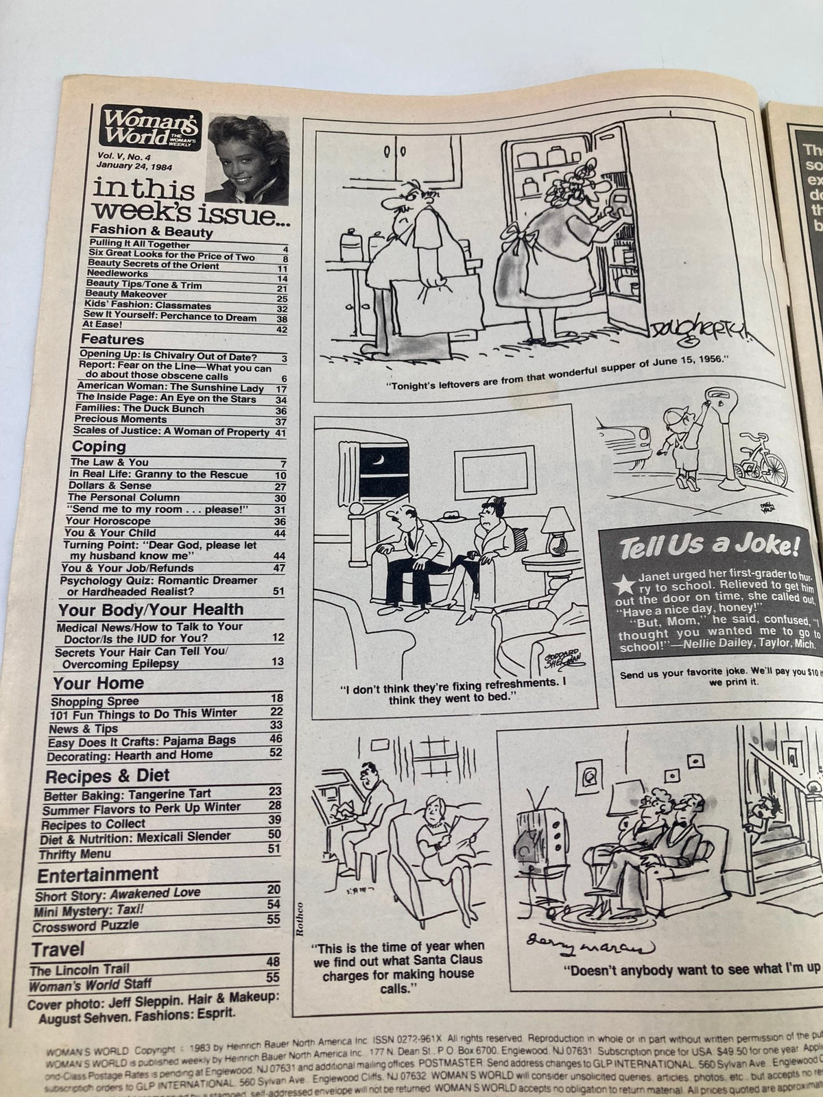 Inside page of Woman's World Magazine January 24 1984 displaying the index and features including topics on health, recipes, and entertainment with illustrations and humorous cartoons.