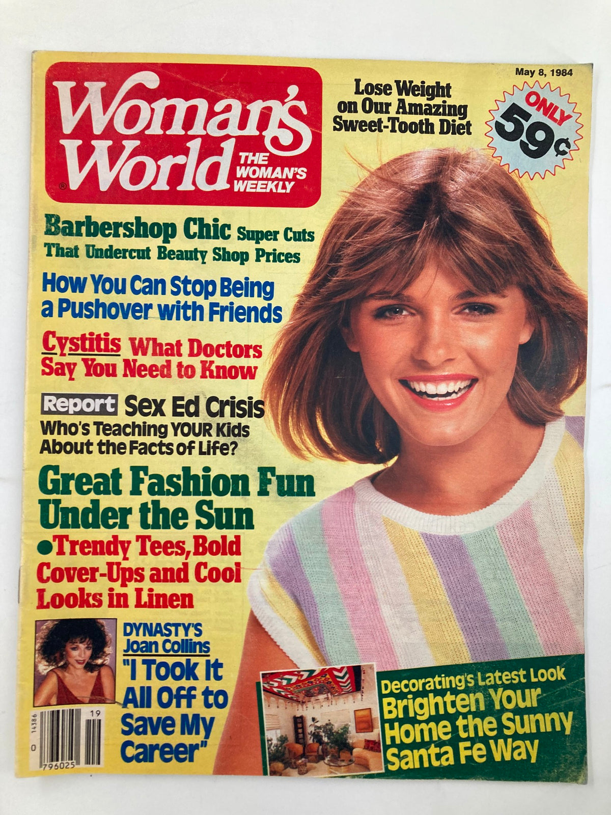 Woman's World Magazine cover dated May 8, 1984, featuring articles on fashion, health, and relationships, highlighted by a portrait of Joan Collins from Dynasty.