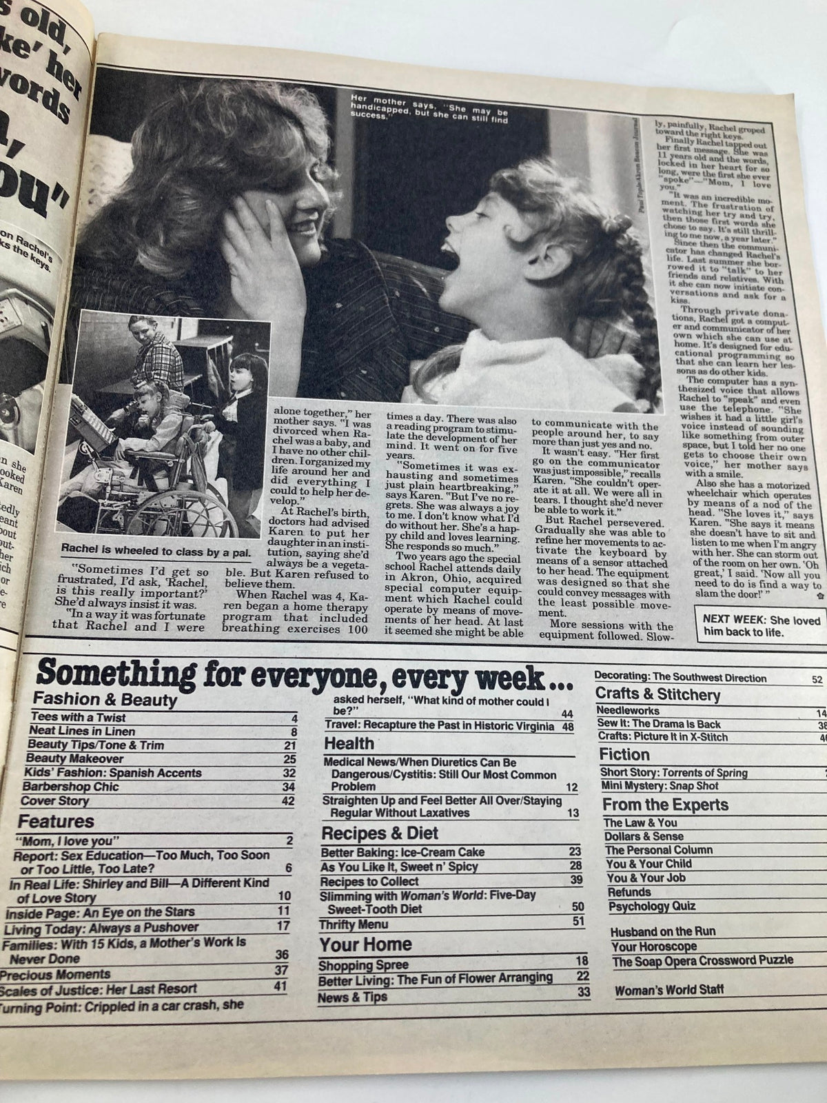 Interior page of Woman's World Magazine from May 8, 1984, showcasing articles, features, and a photo essay, reflecting the lifestyle and concerns of the 1980s.